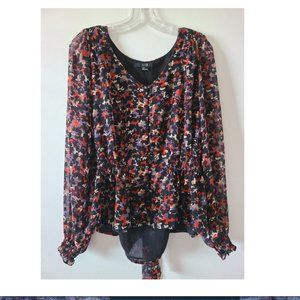 Forever 21 Black and Red Floral Long Sleeve Blouse (Size L)